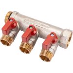 Коллектор с шаровыми кранами STOUT Smb 6210 341203 3/4"", 3 отвода 1/2"", красные ручки RG0091AACQM2BK (артикул 24005187) – фото 1