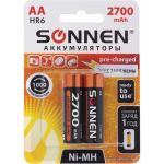 Аккумуляторные батарейки SONNEN АА HR06 Ni-Mh 2700mAh 2шт в блистере 454235 (артикул 16289584) – фото 1