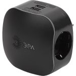 Тройник ЭРА SP3eUSBBLACK, 3гн, 220V2xUSB, 2100mA, c заземлением Б0046364 (артикул 16200010) – фото 1
