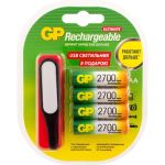Перезаряжаемые аккумуляторы GP 270AAHC АА емкости 2650 4 шт. с LED светильником GP 270AAHC/USBLED-2CR4 (артикул 15920401) – фото 1