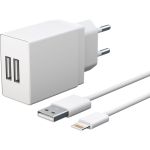 Универсальное сетевое зарядное устройство AKAI CH-6A18 2 USB 2.1A + дата-кабель 8-PIN, белый CH-6A18W (артикул 21357202) – фото 1