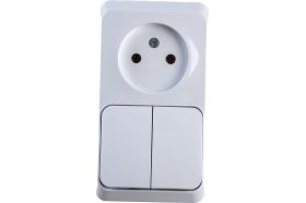 Блок 1-местная розетка + 2-клавишный выключатель Schneider Electric открытой проводки Этюд без заземления белый BPA16-205B (артикул 18154345) – фото 1