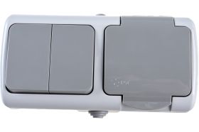 Блок розетка1-м 16А с крышкой и 2-кл выключатель EKF Мурманск IP54 серый SQEFRV16-052-30-540 (артикул 16041886) – фото 1