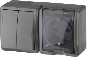 Двойной блок розетка и выключатель ЭРА 11-7402-03 IP54, 16A 10AX -250В, ОУ, Эксперт, серый Б0020736 (артикул 15980748) – фото 1