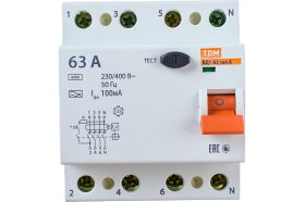 Устройство защитного отключения TDM ВД1-63 4Р 63А 100мА тип А SQ0203-0091 (артикул 18155275) – фото 1