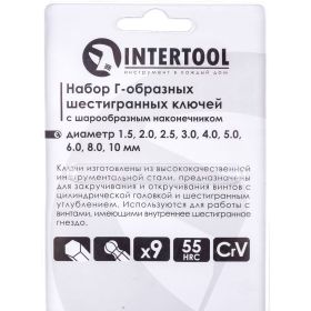 Набор Г-образных шестигранных ключей INTERTOOL 9 ед., 1.5-10 мм, Cr-V, 55 HRC Small HT-0605 (артикул 20216500) – фото 5