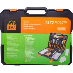 Набор инструментов ISMA 1/4"", 6-гр., 5-13 мм, шарнирно-губцевый, биты, молоток, рулетка, уровень, клеевой пистолет, расходник, 1372 предмета ISMA-513722(50791) (артикул 28600352) – фото 4