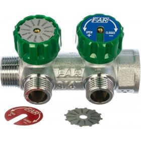 Регулирующий коллектор FAR 3/4" ВР-НР с 2 отв. 1/2" НР межосев. 45 мм, плск.упл. FK 3821 3412TP (артикул 15703146) – фото 1