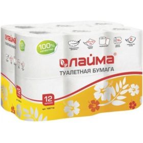 Туалетная бытовая бумага ЛАЙМА спайка 12 шт., 2-х слойная белая, 128718 (артикул 16048307) – фото 1