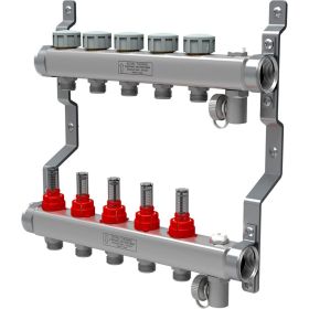 Коллектор в сборе Royal Thermo нержавеющая сталь, с расходомерами 1 ВР-3/4 НР, 5 выходов НС-1080951 (артикул 15856598) – фото 1