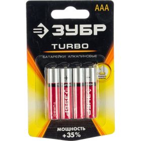 Щелочная батарейка Зубр 1.5 В, тип ААА, 4 шт, Turbo 59211-4C_z01 (артикул 16011009) – фото 1