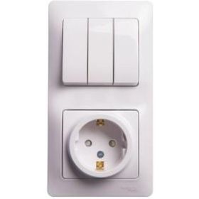 Блок розетка с заземлением со шторками + 3-клавишный выключатель Schneider Electric GLOSSA БЕЛЫЙ GSL000178 (артикул 16313697) – фото 1