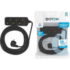 Сетевой удлинитель Фотон 16-103Е, 10м, 3 розетки, 16А, с заземлением, черный 22725 (артикул 15745590) – фото 1
