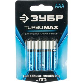 Щелочная батарейка Зубр 1.5 В, тип ААА, 4 шт, Turbo-MAX 59203-4C_z01 (артикул 16010868) – фото 1