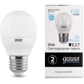 Лампа Gauss LED Elementary Шар 6W E27 470lm 6500K 53236 (артикул 15869357) – фото 1