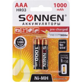 Аккумуляторные батарейки SONNEN ААA HR03 Ni-Mh 1000mAh 2шт в блистере 454237 (артикул 16289585) – фото 1