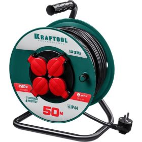 Удлинитель на катушке KRAFTOOL P-315, 50м, 3500Вт, 4 гнезда, IP44, ПВС 3х1.5мм2, 55084-50 (артикул 16219186) – фото 1