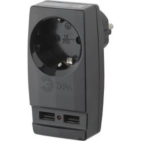 Адаптер ЭРА SP-1e-USB-B Polynom 1гн 220V + 2xUSB 2100mA, c заземлением, черный Б0026333 (артикул 15881765) – фото 1