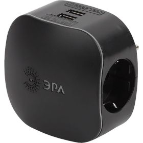 Тройник ЭРА SP3eUSBBLACK, 3гн, 220V2xUSB, 2100mA, c заземлением Б0046364 (артикул 16200010) – фото 1