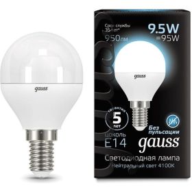 Лампа Gauss LED Шар E14 9.5W 950lm 4100K 105101210 (артикул 15869247) – фото 1