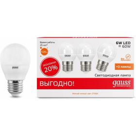 Лампа Gauss LED Elementary Globe 6W E27 2700K 1/40 3 лампы в упаковке SQ53216T (артикул 15760929) – фото 1