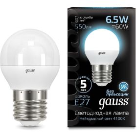 Лампа LED Globe E27 6.5W 100-240V 4100K Gauss 105102207 (артикул 15499937) – фото 1