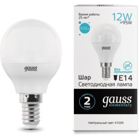 Лампа Gauss LED Elementary Шар 12W 920lm E14 4100K 53122 (артикул 15869355) – фото 1