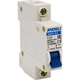 Автоматический выключатель ANDELI DZ47-63/1P 25A 4.5kA х-ка C ADL01-066 (артикул 16086924) – фото 1