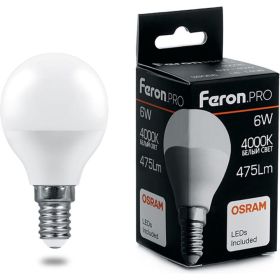 Светодиодная лампа FERON PRO LB-1406 Шарик E14 6W 4000K OSRAM LED 38066 (артикул 16233588) – фото 1