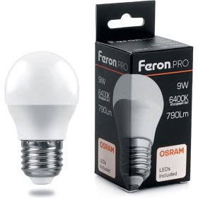 Светодиодная лампа FERON PRO LB-1409 Шарик E27 9W 6400K OSRAM LED 38082 (артикул 16233740) – фото 1
