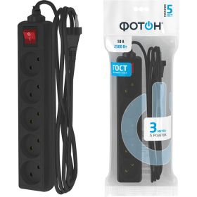 Сетевой удлинитель ФОТОН 10-35S, 3м, 5 розеток, 10А, с выкл., черный 22727 (артикул 15949168) – фото 1
