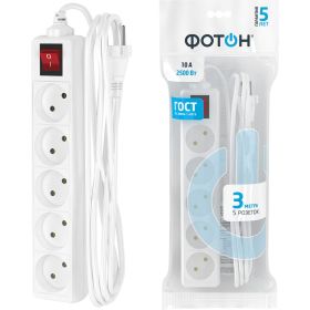 Сетевой удлинитель ФОТОН 10-35S, 3м, 5 розеток, 10А Белый 21118 (артикул 15941035) – фото 1