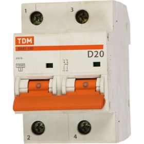 Автоматический выключатель TDM ВА47-100 2Р 20А 10кА D SQ0207-0014 (артикул 15498893) – фото 1