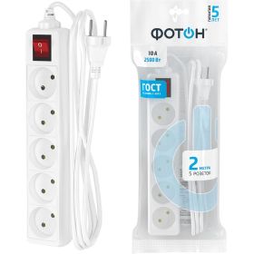 Сетевой удлинитель ФОТОН 10-25S, 2м, 5 розеток, 10А, Белый 21117 (артикул 15941030) – фото 1