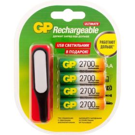 Перезаряжаемые аккумуляторы GP 270AAHC АА емкости 2650 4 шт. с LED светильником GP 270AAHC/USBLED-2CR4 (артикул 15920401) – фото 1