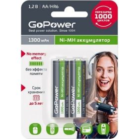 Бытовой аккумулятор GoPower HR6 AA BL2 NI-MH 1300mAh 00-00018318 (артикул 22970367) – фото 1