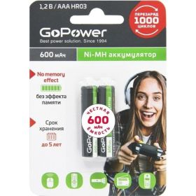 Бытовой аккумулятор GoPower HR03 AAA BL2 NI-MH 600mAh 00-00015315 (артикул 22970343) – фото 1