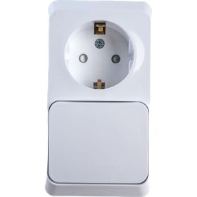 Блок 1-местная розетка + 1-клавишный выключатель Schneider Electric открытой проводки Этюд с заземлением защитные шторки белый BPA16-201B (артикул 18124063) – фото 1