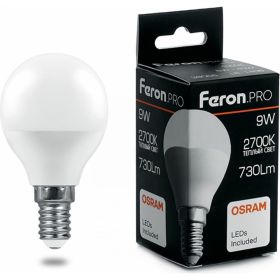 Светодиодная лампа FERON PRO LB-1409 Шарик E14 9W 2700K 38077 (артикул 16233590) – фото 1