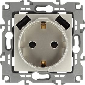 Розетка ЭРА Elegance 14410904 2PE, 16A/250В, шторки, с 2xUSB, 5В 3А, шампань, 10/100/2000 Б0047870 (артикул 16452724) – фото 1