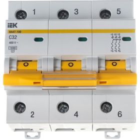 Автоматический модульный выключатель IEK 3п C 32А ВА 47-100 10кА ИЭК MVA40-3-032-C (артикул 15165236) – фото 1