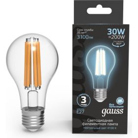 Лампа Gauss Filament А70 30W 3100lm 4100К Е27 LED 1/10/40 102902230 (артикул 23563407) – фото 1