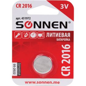 Батарейка SONNEN Lithium, CR2016, 1 шт., в блистере, 451972 (артикул 15996549) – фото 1