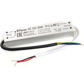 Электронный трансформатор для светодиодной ленты FERON 30W 12V IP67 (драйвер), LB007, 48053 (артикул 21713710) – фото 1
