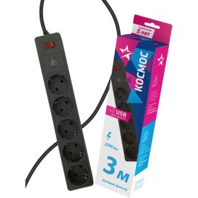 Сетевой фильтр КОСМОС 3м, 5 гнезд, пвс 3x0,75мм2, черный 2 USB FKsm3m-5g(B)USB (артикул 20408128) – фото 1