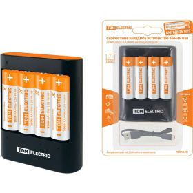 Зарядное устройство TDM 36044Н 3600 mA 4 слота АА/ААА 4 кан.+4xAA2500 USB SQ1702-0101 (артикул 18158827) – фото 1