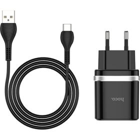 Зарядное устройство Hoco c12Q Smart QC3.0, кабель Type-C, один порт USB, 5V, 3.0A, черный 820516 (артикул 18686754) – фото 1