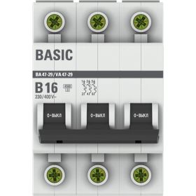 Автоматический выключатель EKF 3P 16А 4,5кА ВА 47-29 Basic SQ mcb4729-3-16-B (артикул 16126488) – фото 1