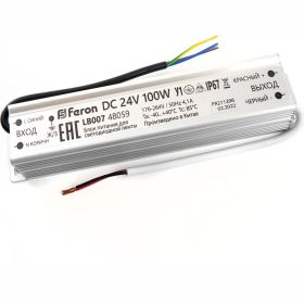 Электронный трансформатор для светодиодной ленты FERON 100W 24V (драйвер), LB007, 48059 (артикул 21713482) – фото 1