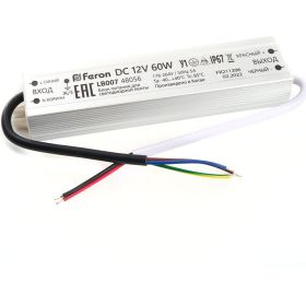 Электронный трансформатор для светодиодной ленты FERON 60W 12V IP67 (драйвер), LB007, 48056 (артикул 21713452) – фото 1
